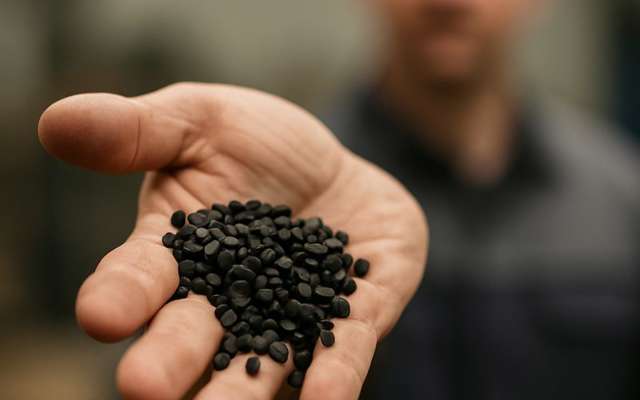 Sort granulat holdt i en hånd