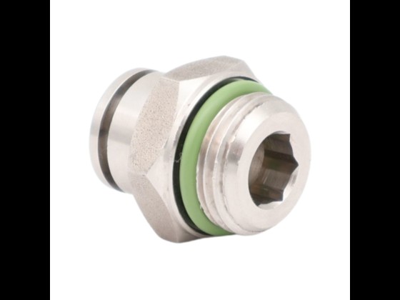 Robust push-in brystnippel med BSPP gevind, fremstillet i rustfrit stål AISI 316. Inkl. Viton-pakning. Velegnet til trykluftsslanger. Bestil via webshop her!