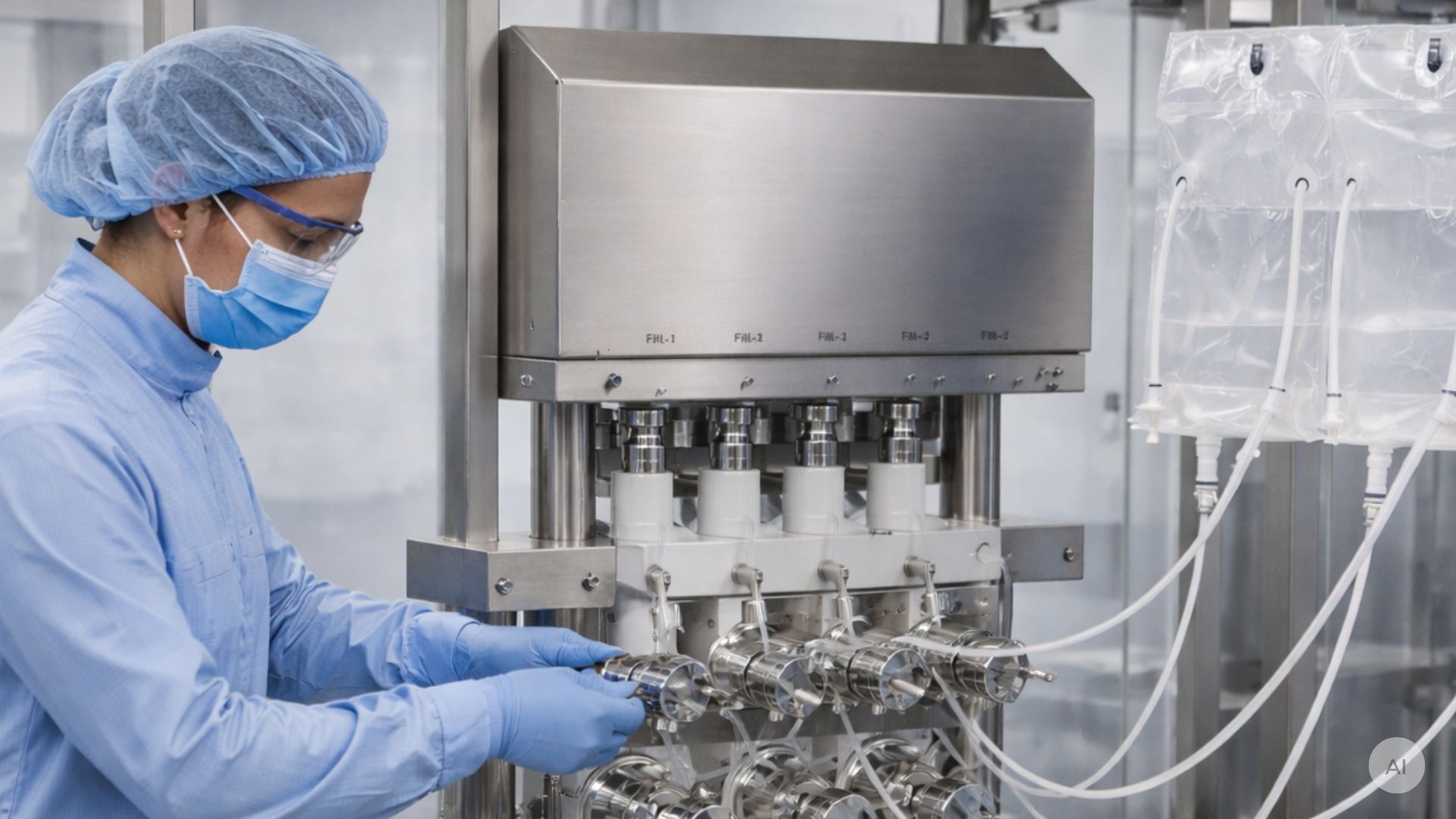 Pharma medarbejder arbejder med single-use manifolds 