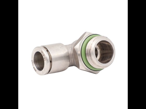 Push-in vinkel med svirvel og BSPP gevind, fremstillet i rustfrit stål AISI 316. Inkl. Viton-pakning. Velegnet til trykluftsslanger. Bestil via webshop her!
