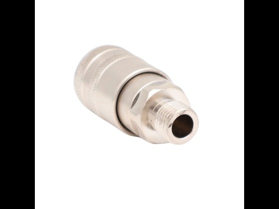 KS trykluftskoblingshus i forniklet messing med udvendigt gevind og ventil. Velegnet til trykluft op til 35 bar og +80°C. Bestil via webshop her!