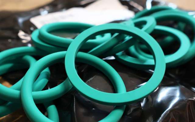 Grønne Viton-pakninger spredt henover sort pose