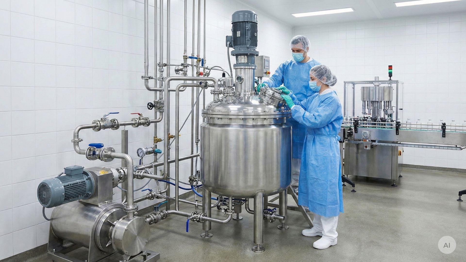 Farmaceutiske medarbejdere kvalitetssikrer en tank