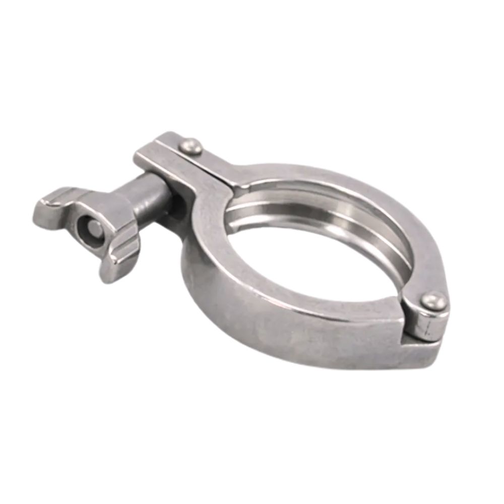 Clamp spændering i rustfrit stål med hængsel og fingerskrue for nem håndtering. Sikrer holdbare og hygiejniske samlinger i fødevareindustrien. Bestil her!